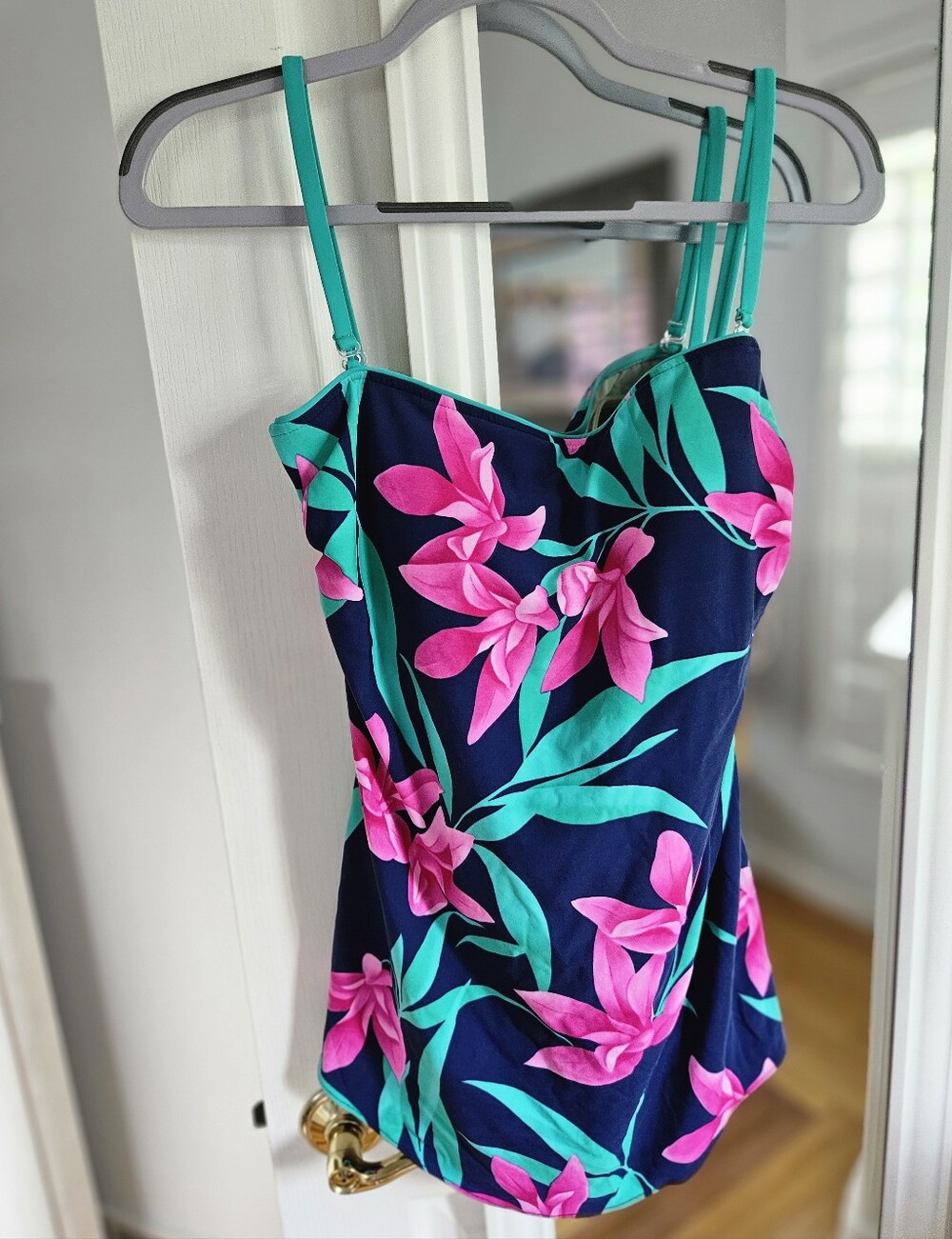 Navy Floral Ladies One-Piece Swimsuit with Pink & Teal Accents
